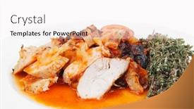  Presentation with grilled chicken - Slide deck consisting of meat grilled chicken fillet with salad and tomatoes on white plate isolated over white background background and a sky blue colored foreground