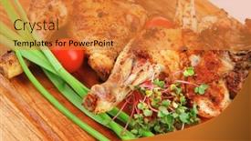  Presentation with quarter - PPT theme featuring meat grilled quarter chicken garnished with green sprouts and red peppers on wooden plate isolated over white background background and a gold colored foreground