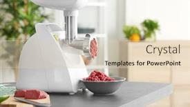  Presentation with fresh fruits and leafy greens dairy meat - PPT theme enhanced with meat grinder with fresh forcemeat on kitchen table background and a lemonade colored foreground