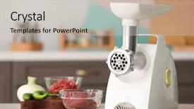  Presentation with gmo free meat - PPT layouts consisting of meat grinder with fresh meat background and a soft green colored foreground