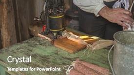  Presentation with press - Beautiful slides featuring meat hygien - making sausage with vintage sausage backdrop and a gray colored foreground