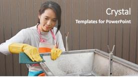  Presentation with pregnant woman cleaning - PPT layouts featuring meat hygien - woman cleaning barbecue oven background and a gray colored foreground