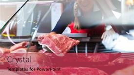  Presentation with butcher shop - Cool new slides with meat in a butcher shop display being put in by sales woman close-up backdrop and a red colored foreground