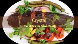  Presentation with eggplant - Theme enhanced with meat kebab with eggplant isolated on black background background and a tawny brown colored foreground