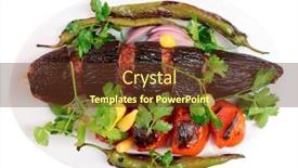  Presentation with eggplant - Slide deck with meat kebab with eggplant isolated on white background background and a tawny brown colored foreground