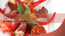  Presentation with main course - PPT layouts featuring meat main course served on white plate over white background and a red colored foreground