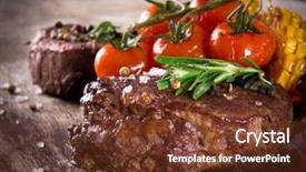  Presentation with flame nutrition beef steaks - Cool new slides with meat meat products - delicious beef steaks on wooden backdrop and a tawny brown colored foreground