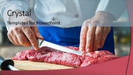  Presentation with restaurant kitchen - Presentation enhanced with meat meat products - hands of male chef background and a light blue colored foreground