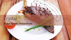  Presentation with green plate - Cool new PPT theme with meat on wooden plate roast shoulder on wood with tomatoes chives and green lettuce on white plate backdrop and a red colored foreground