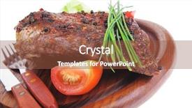  Presentation with green plate - PPT layouts with meat on wooden plate roast shoulder on wood with tomatoes chives and green lettuce isolated on white background background and a tawny brown colored foreground