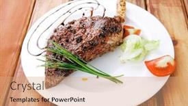  Presentation with green plate - Presentation theme having meat on wooden plate roast shoulder on wood with tomatoes chives and green lettuce on white plate background and a coral colored foreground