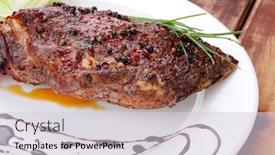  Presentation with green plate - Audience pleasing PPT theme consisting of meat on wooden plate roast shoulder on wood with tomatoes chives and green lettuce on white plate backdrop and a light gray colored foreground