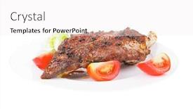  Presentation with cutlery - Slide deck with meat over white grilled meat shoulder on plate with tomatoes green lettuce and cutlery isolated on white background background and a white colored foreground