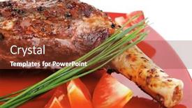  Presentation with green plate - Slides with meat over white grilled meat shoulder on red plate with tomatoes green lettuce isolated on white background and a tawny brown colored foreground