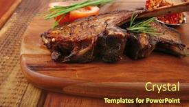  Presentation with ribs - Slides enhanced with meat over wood grilled ribs on plate with tomatoes and spices on wooden table background and a tawny brown colored foreground