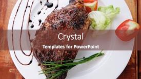  Presentation with green plate - Slide set featuring meat over wood grilled shoulder on plate with tomatoes green lettuce on white plate background and a tawny brown colored foreground