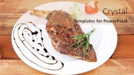  Presentation with green plate - Presentation theme with meat over wood grilled shoulder on plate with tomatoes green lettuce on white plate background and a coral colored foreground