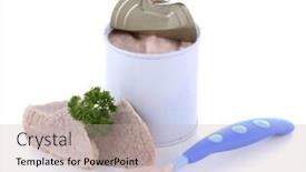  Presentation with infant - Presentation featuring canned pork - meat paste for infant feeding background and a mint green colored foreground