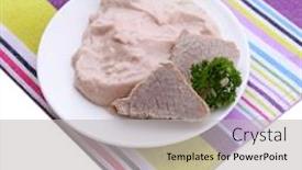  Presentation with infant - PPT layouts featuring meat paste for infant feeding on plate on color napkin isolated on white background and a light gray colored foreground
