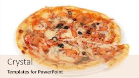  Presentation with mozzarella cheese - PPT theme with meat-pizza-closeup-with-carbonado background and a coral colored foreground