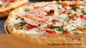  Presentation with snack food - Colorful theme enhanced with meat-pizza-on-wooden-board backdrop and a gold colored foreground