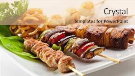  Presentation with foods - Theme with meat poultry - grilled foods garnished with parsley background and a lemonade colored foreground
