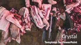  Presentation with butcher - PPT theme having meat-raw-assortment-and-knife background and a tawny brown colored foreground