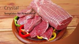  Presentation with ready - Colorful presentation theme enhanced with meat-ready-to-cooking-over backdrop and a coral colored foreground
