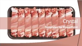  Presentation with chicken meat package - Amazing PPT theme having meat rolls with bacon in package isolated on white backdrop and a coral colored foreground