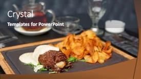  Presentation with pub - Slide set with meat rolls with white sauce and potato chips on table in an english pub background and a dark gray colored foreground