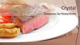  Presentation with meat beef - PPT layouts consisting of meat savory grilled beef fillet mignon served on white plate with tomatoes and potatoes on wooden table background and a lemonade colored foreground