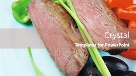  Presentation with meat beef - Presentation design with meat savory grilled beef fillet mignon on blue plate with pepper chives and black greek olives over blue wooden table background and a coral colored foreground