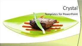  Presentation with ketchup - Colorful presentation enhanced with meat savory grilled beef fillet mignon served on green plate isolated over white background with chives and ketchup backdrop and a white colored foreground