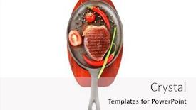  Presentation with hot metal - PPT layouts consisting of meat savory platter of grilled beefsteak served with hot cayenne peppers red tomato green chives on metal pan isolated over white background background and a sky blue colored foreground