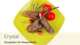  Presentation with green plate - Beautiful slides featuring meat savory roast ribs on green plate with peppers and chives backdrop and a yellow colored foreground
