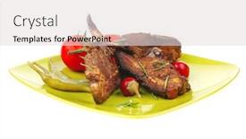  Presentation with green plate - Colorful slide set enhanced with meat savory roast ribs on green plate with peppers and chives backdrop and a light gray colored foreground