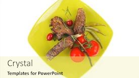  Presentation with green plate - Colorful presentation theme enhanced with meat savory roast ribs on green plate with peppers and chives backdrop and a yellow colored foreground