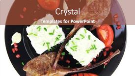  Presentation with veal - Colorful slide deck enhanced with meat savory roast veal ribs with rice garnish and pomegranate seeds over white background backdrop and a red colored foreground