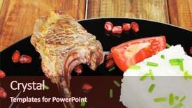  Presentation with veal - Beautiful slides featuring meat savory roast veal ribs with rice garnish and pomegranate seeds on black over wood backdrop and a wine colored foreground