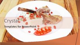  Presentation with veal - Slides enhanced with meat savory roast veal ribs with rice garnish and pomegranate seeds on white over wood background and a coral colored foreground