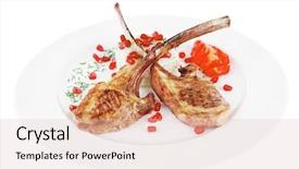  Presentation with veal - Slide deck having meat savory roast veal ribs with rice garnish and pomegranate seeds over white background background and a lemonade colored foreground