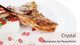  Presentation with veal - Colorful presentation design enhanced with meat savory roast veal ribs with rice garnish and pomegranate seeds over white background backdrop and a lemonade colored foreground