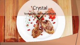 Presentation with veal - Audience pleasing slides consisting of meat savory roast veal ribs with rice garnish and pomegranate seeds on white over wood backdrop and a coral colored foreground