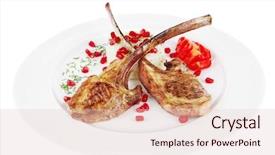  Presentation with veal - Audience pleasing PPT layouts consisting of meat savory roast veal ribs with rice garnish and pomegranate seeds over white background backdrop and a lemonade colored foreground