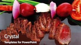  Presentation with bbq - Beautiful presentation featuring meat savory roasted bbq meat served on black plate with vegetables on spit isolated on white background backdrop and a tawny brown colored foreground