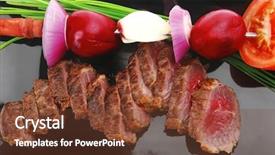  Presentation with bbq - PPT theme consisting of meat savory roasted bbq meat served on black plate with vegetables on spit isolated on white background background and a tawny brown colored foreground