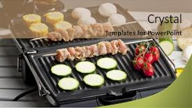  Presentation with grill - Presentation consisting of meat skewers and vegetables on electric grill background and a coral colored foreground