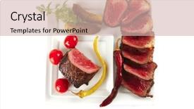  Presentation with peppers - Audience pleasing PPT theme consisting of meat sliced with tomatoes and peppers on white backdrop and a soft green colored foreground