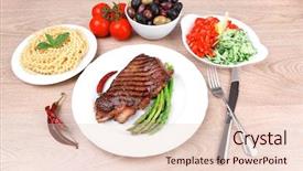  Presentation with roast beef - Colorful slide deck enhanced with meat table rare medium roast beef fillet and pasta with tomatoes asparagus and several kinds of olives served on white dish over light wood backdrop and a lemonade colored foreground