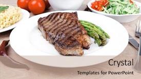  Presentation with roast beef - Presentation theme consisting of meat table rare medium roast beef fillet and pasta with tomatoes asparagus and several kinds of olives served on white dish over light wood background and a soft green colored foreground